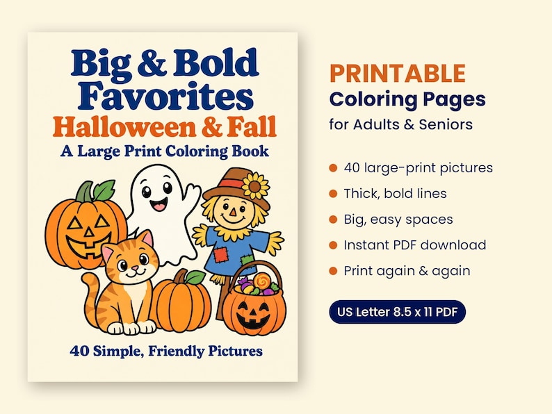 K&ouml;nnte beinhalten: Ein druckbares Malbuch mit dem Titel Big & Bold Favorites Halloween & Fall, das Illustrationen von K&uuml;rbis, Geist, Katze, Vogelscheuche und S&uuml;&szlig;igkeitenkorb zeigt. Der Text gibt 40 gro&szlig;formatige Bilder an, US Letter 21,59 x 27,94 cm PDF-Format.