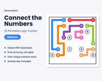 Connect the Numbers Printable Logic Puzzles, 25 Medium Path Puzzles PDF, Brain Games for Adults & Teens, Instant Download with Answers