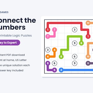 Pu&ograve; includere: Un gioco di logica intitolato Connect the Numbers di MKM Games con 100 puzzle stampabili. L'immagine mostra una griglia con percorsi colorati che collegano cerchi numerati corrispondenti, incluse linee rosse, rosa, arancioni, verdi, viola e blu.