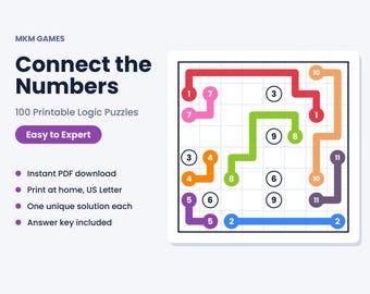 Connect the Numbers Puzzle Bundle, 100 Printable Logic Puzzles Easy to Expert, Brain Games PDF, Classroom & Travel Activity, With Answers