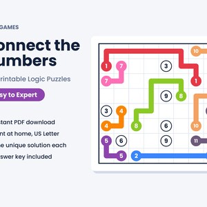 K&ouml;nnte beinhalten: Ein Logikspiel mit dem Titel Connect the Numbers von MKM Games mit 100 druckbaren R&auml;tseln. Das Bild zeigt ein Gitter mit farbigen Pfaden, die passende nummerierte Kreise verbinden, darunter rote, rosa, orange, gr&uuml;ne, violette und blaue Linien.