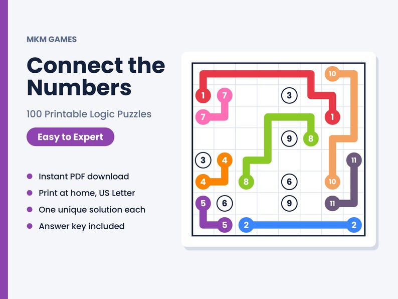 K&ouml;nnte beinhalten: Ein Logikspiel mit dem Titel Connect the Numbers von MKM Games mit 100 druckbaren R&auml;tseln. Das Bild zeigt ein Gitter mit farbigen Pfaden, die passende nummerierte Kreise verbinden, darunter rote, rosa, orange, gr&uuml;ne, violette und blaue Linien.