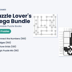 K&ouml;nnte beinhalten: MKM Games Puzzle Lover's Mega Bundle mit 4 druckbaren R&auml;tselb&uuml;chern und insgesamt 460 R&auml;tseln. Enth&auml;lt Connect the Numbers, Bridges, Picture Grids und Logic Puzzle Mix. Das Bild zeigt zwei Beispiele f&uuml;r R&auml;tselgitterseiten.