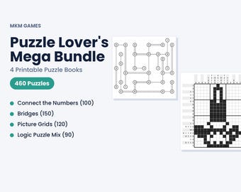 Logic Puzzle Mega Bundle, 460 Printable Puzzles, Connect the Numbers Bridges Nonograms PDF, Brain Games for Adults, With Answers
