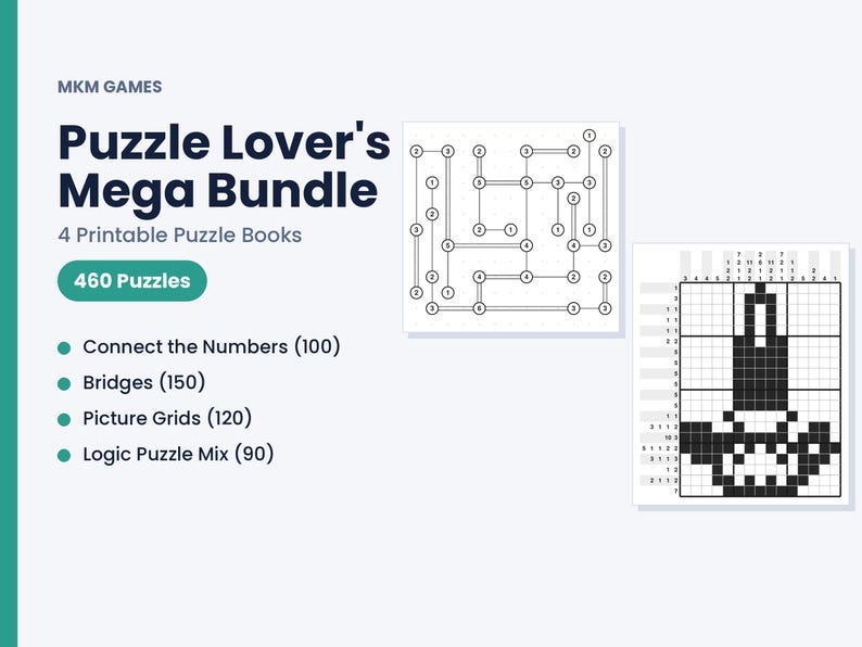 K&ouml;nnte beinhalten: MKM Games Puzzle Lover's Mega Bundle mit 4 druckbaren R&auml;tselb&uuml;chern und insgesamt 460 R&auml;tseln. Enth&auml;lt Connect the Numbers, Bridges, Picture Grids und Logic Puzzle Mix. Das Bild zeigt zwei Beispiele f&uuml;r R&auml;tselgitterseiten.
