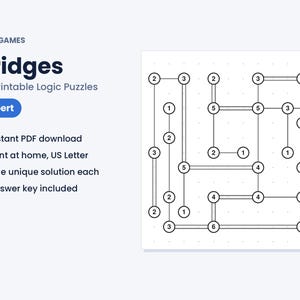 以下が含まれることがあります： MKM GamesによるBridgesロジックパズルセット。40種類の印刷可能なパズルが含まれています。文書には「Bridges」「40 Printable Logic Puzzles」「Expert」のラベルがあり、数字が書かれた円が線で結ばれたグリッドが表示されています。
