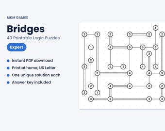 Può includere: Un set di puzzle logici Bridges di MKM Games con 40 enigmi stampabili. Il documento riporta il titolo Bridges, 40 Printable Logic Puzzles, un'etichetta Expert e una griglia con cerchi numerati collegati tra loro da linee.