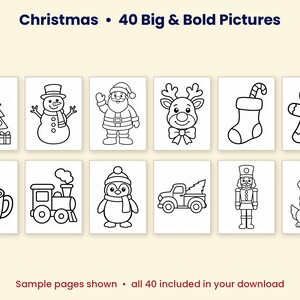 K&ouml;nnte beinhalten: Ein Malbuch mit dem Titel Christmas 40 Big & Bold Pictures, das zw&ouml;lf schwarz-wei&szlig;e Strichzeichnungen von Weihnachtsmotiven zeigt, darunter ein Baum, ein Schneemann, der Weihnachtsmann, ein Rentier, ein Strumpf, ein Lebkuchenmann, Kakao, ein Zug, ein Pinguin, ein Lastwagen, ein Nussknacker und ein Hund.