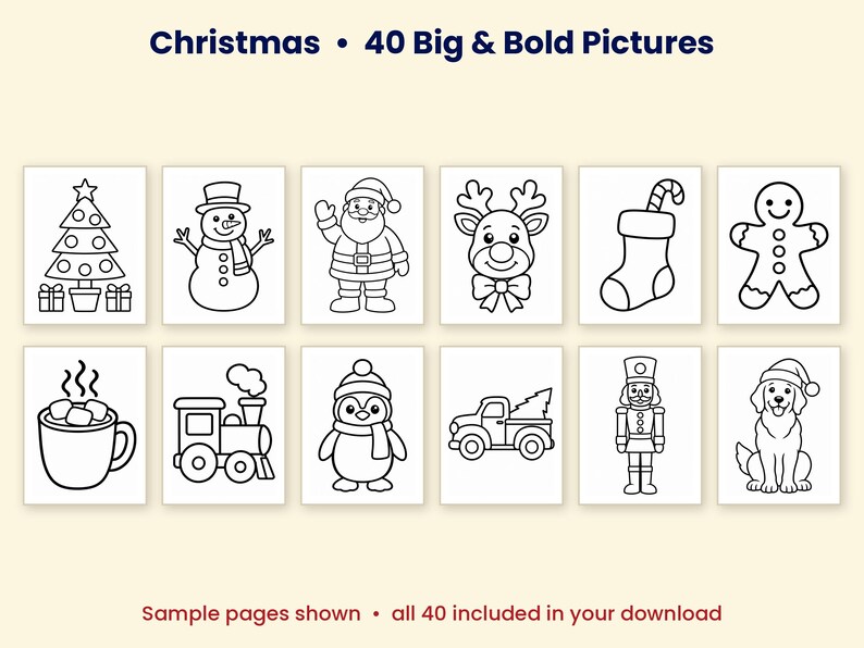 K&ouml;nnte beinhalten: Ein Malbuch mit dem Titel Christmas 40 Big & Bold Pictures, das zw&ouml;lf schwarz-wei&szlig;e Strichzeichnungen von Weihnachtsmotiven zeigt, darunter ein Baum, ein Schneemann, der Weihnachtsmann, ein Rentier, ein Strumpf, ein Lebkuchenmann, Kakao, ein Zug, ein Pinguin, ein Lastwagen, ein Nussknacker und ein Hund.