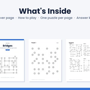 以下が含まれることがあります： Bridgesと題された印刷可能な論理パズルブック。表紙、遊び方、1ページにつき1つのパズル、解答キーが含まれています。ページには線で結ばれた番号付きの円が表示されており、パズルのサンプルと解答ページが掲載されています。