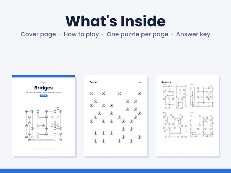 以下が含まれることがあります： Bridgesと題された印刷可能な論理パズルブック。表紙、遊び方、1ページにつき1つのパズル、解答キーが含まれています。ページには線で結ばれた番号付きの円が表示されており、パズルのサンプルと解答ページが掲載されています。