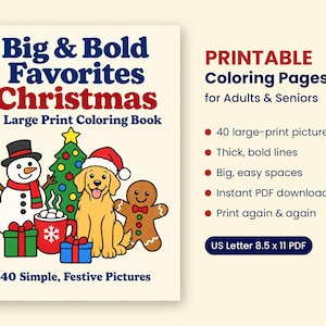 K&ouml;nnte beinhalten: Ein druckbares Malbuch mit dem Titel Big & Bold Favorites Christmas, das einen Schneemann, Weihnachtsbaum, Golden Retriever mit Weihnachtsm&uuml;tze, Lebkuchenmann und Geschenke zeigt. Enth&auml;lt 40 gro&szlig;formatige Bilder mit dicken Linien als PDF.