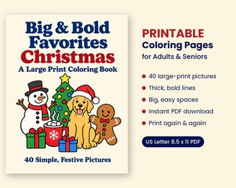 Könnte beinhalten: Ein druckbares Malbuch mit dem Titel Big & Bold Favorites Christmas, das einen Schneemann, Weihnachtsbaum, Golden Retriever mit Weihnachtsmütze, Lebkuchenmann und Geschenke zeigt. Enthält 40 großformatige Bilder mit dicken Linien als PDF.