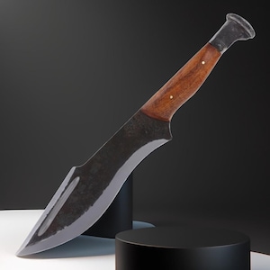 May include: A handcrafted knife with a dark, curved blade and a wooden handle. The handle is a rich brown color, secured with brass rivets. The blade has a slightly textured, dark finish.