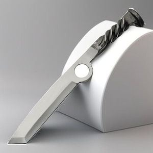 May include: A handcrafted knife with a twisted metal handle and a polished, angled blade. The blade features a circular cutout near the handle. The knife is displayed on a white, curved surface against a gray backdrop.