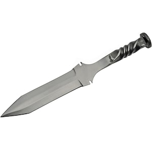May include: A handcrafted, silver-colored dagger with a twisted handle and a sharp, pointed blade. The blade has a flat, rectangular shape with decorative notches near the handle. The handle is textured, providing a secure grip. The dagger is designed for display or collection.