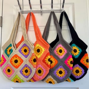 Crochet Sunflower Bag - Handmade Acrylic Granny Square Tote image 3