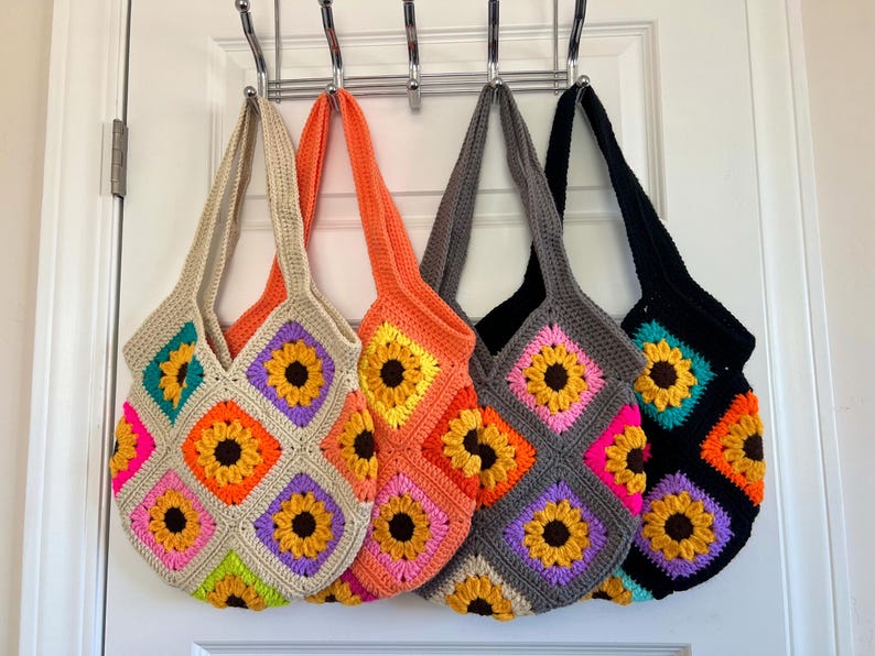 Crochet Sunflower Bag - Handmade Acrylic Granny Square Tote image 3