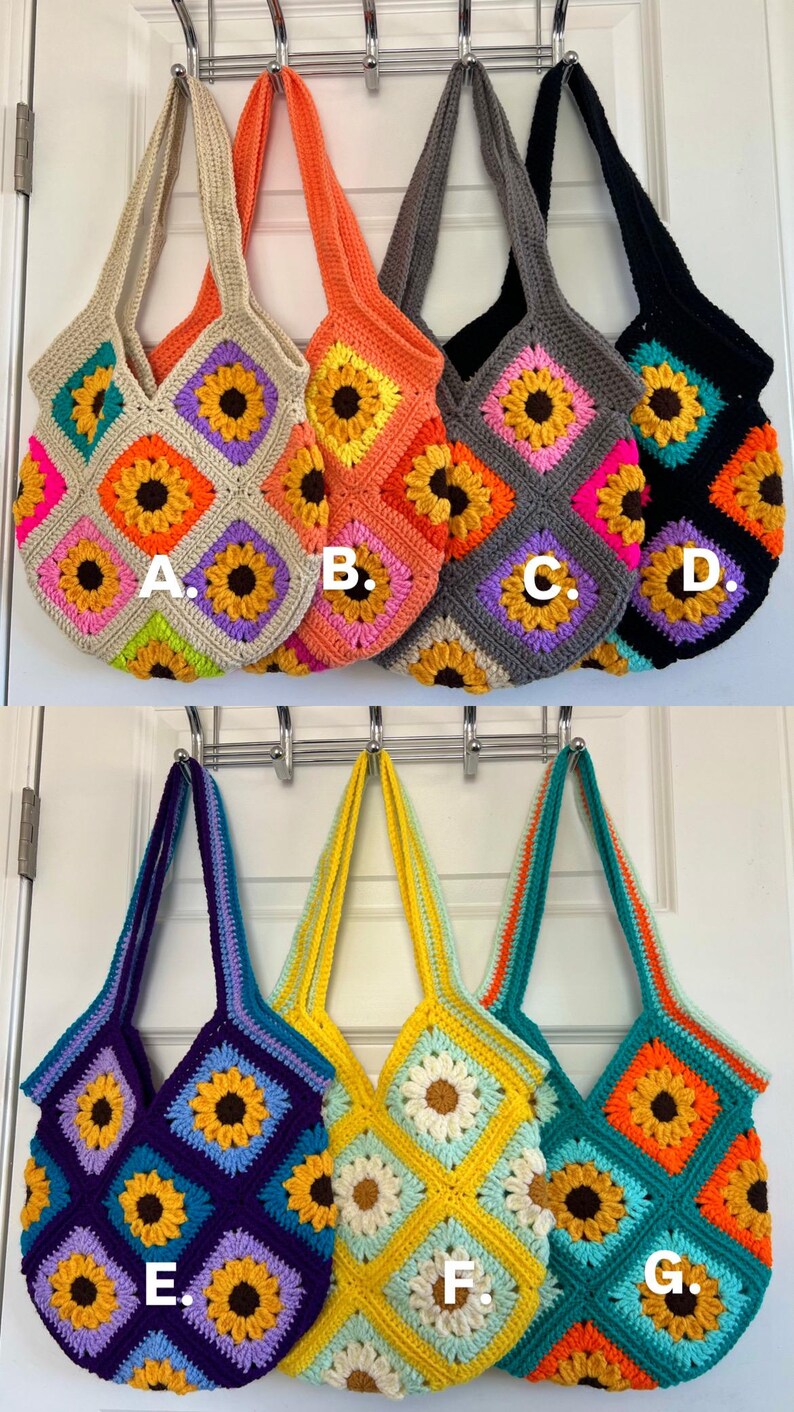 Crochet Sunflower Bag - Handmade Acrylic Granny Square Tote image 6