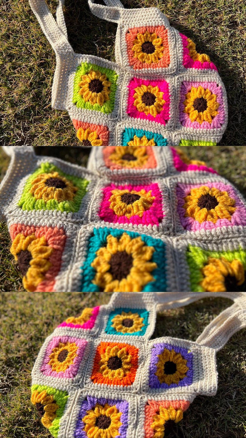 May include: A handmade crochet tote bag featuring a colorful sunflower design. The bag is made of squares in various colors, including yellow, pink, green, and orange, with a neutral-colored border and straps. The sunflowers have brown centers.