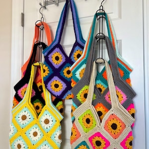 Crochet Sunflower Bag - Handmade Acrylic Granny Square Tote image 1
