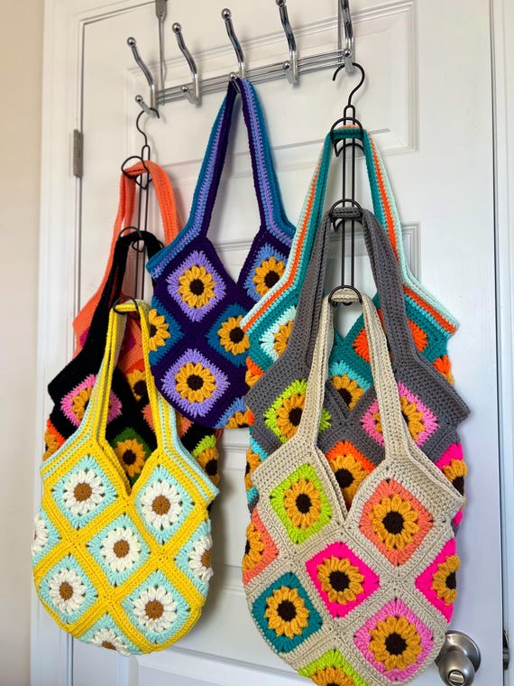 Crochet Sunflower Bag - Handmade Acrylic Granny Square Tote