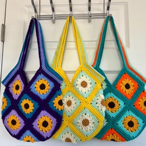 Crochet Sunflower Bag - Handmade Acrylic Granny Square Tote image 5