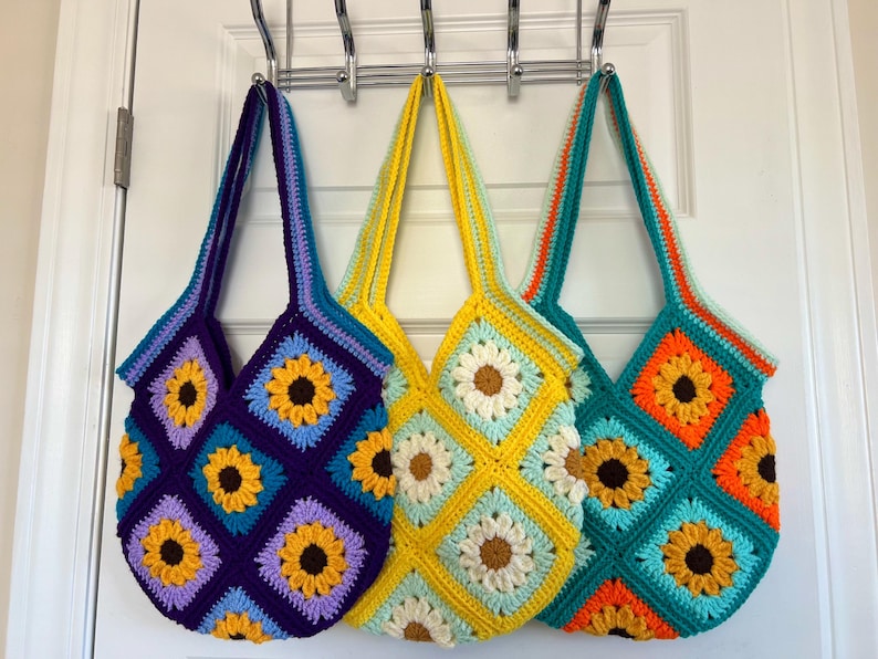 Crochet Sunflower Bag - Handmade Acrylic Granny Square Tote image 5