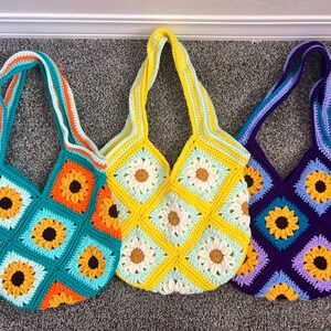Crochet Sunflower Bag - Handmade Acrylic Granny Square Tote image 2