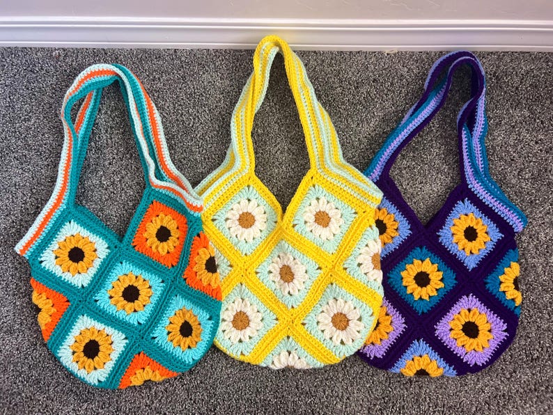 Crochet Sunflower Bag - Handmade Acrylic Granny Square Tote image 2