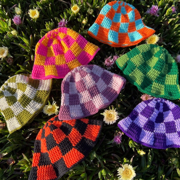 Crochet Bucket Hat Checkered Etsy