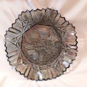 Vintage Federal Glass Company Iridescent Smoke Gray Glass Platter with Decorative Fruit Bass-Relief