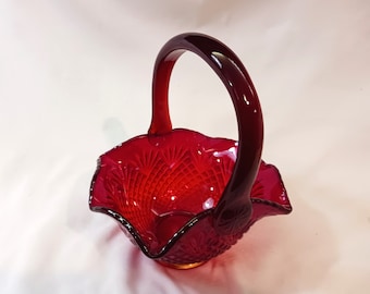 Vintage Fenton Amberina Red Glass Basket with Smooth Handle