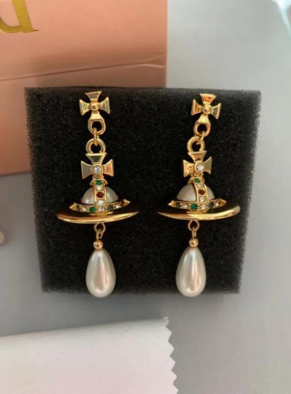 Vivienne Westwood Gold Pearl Drop Orb Earrings - Etsy Vivienne Westwood Gold Pearl Drop Orb Earrings - Etsy