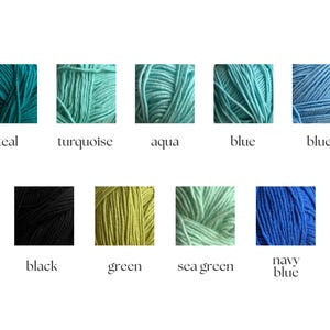 May include: A collection of yarn skeins in various colors, including teal, turquoise, aqua, blue, and blue 2. Additional colors are black, green, sea green, and navy blue. Each color is labeled with its name in a clean, minimalist style.