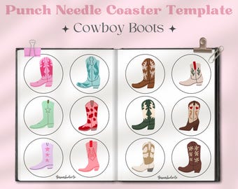 Cowboylaarzen punch naald onderzetter sjabloon, mok tapijt punch naald pdf-patroon, punch naald afdrukbare mok tapijt patroon voor beginners