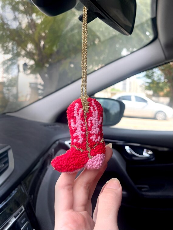 Cute Car Mirror Hanging Accessories, Pink Cowgirl Boot Punch