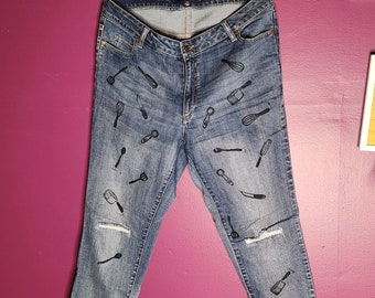 Block Print on Denim - "Chef Pants"