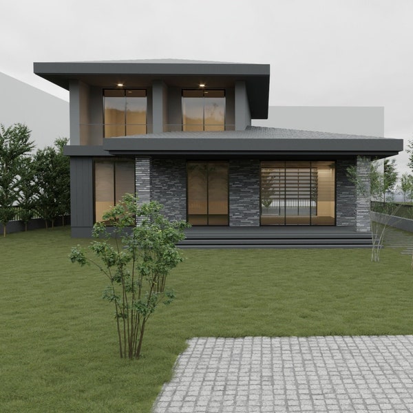 Modern House Plan, Custom House Plan, 3 Bedroom, 2.5 Bathroom, With Free Original CAD File (Metric & Imperial Units)