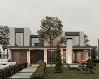 Pianta della casa open concept in stile mediterraneo, 4 camere da letto, 4,5 bagni, con file CAD originale gratuito (unità metriche e imperiali)