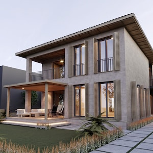 Modern huisplan, mediterraan huisplan met stenen gevel, 5 slaapkamers, 3,5 badkamers, met gratis origineel bestand (metrische en imperiale eenheden)
