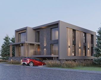 Plano de casa tríplex moderna: 7 habitaciones, piscina cubierta (archivo CAD)