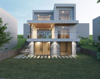 Pianta della casa moderna, pianta della casa contemporanea con grande finestra, 4 camere da letto, 2,5 bagni, con file CAD originale gratuito (unità metriche e imperiali)