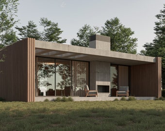 Petite maison minimaliste moderne, façade en bois et béton, 1 chambre, 1 salle de bains, avec fichier CAO d'origine gratuit (unités métriques et impériales)