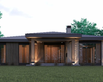 Piano casa moderna a un piano, 4 camere da letto, 3,5 bagni, con file CAD originale gratuito (unità metriche e imperiali)