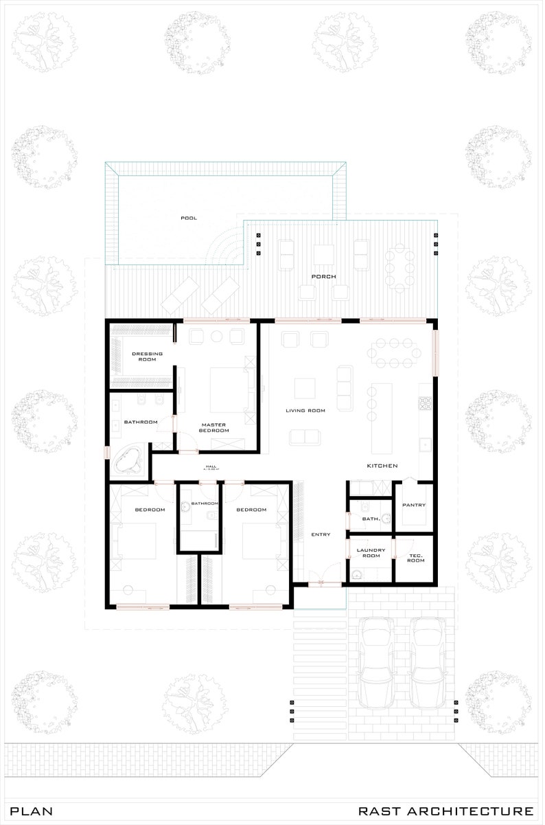 Minimalist Modern Bare House Plan, Single Story House, 3 Bedroom, 2.5 Bathroom, With Free Original CAD File Metric & Imperial Units image 7