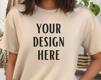 Gildan 64000 Mockup, Sand T-shirt Mockup, Female Mockup, Woman Model, 64000 Mockup, G640 Softstyle, Mockup, Aesthetic, Boho Style Mockup