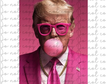 May include: A man with blond hair is wearing pink sunglasses, a pink suit jacket, a pink tie, and a gold chain. He is blowing a pink bubble with a large bubble gum. The background is a solid pink colour.