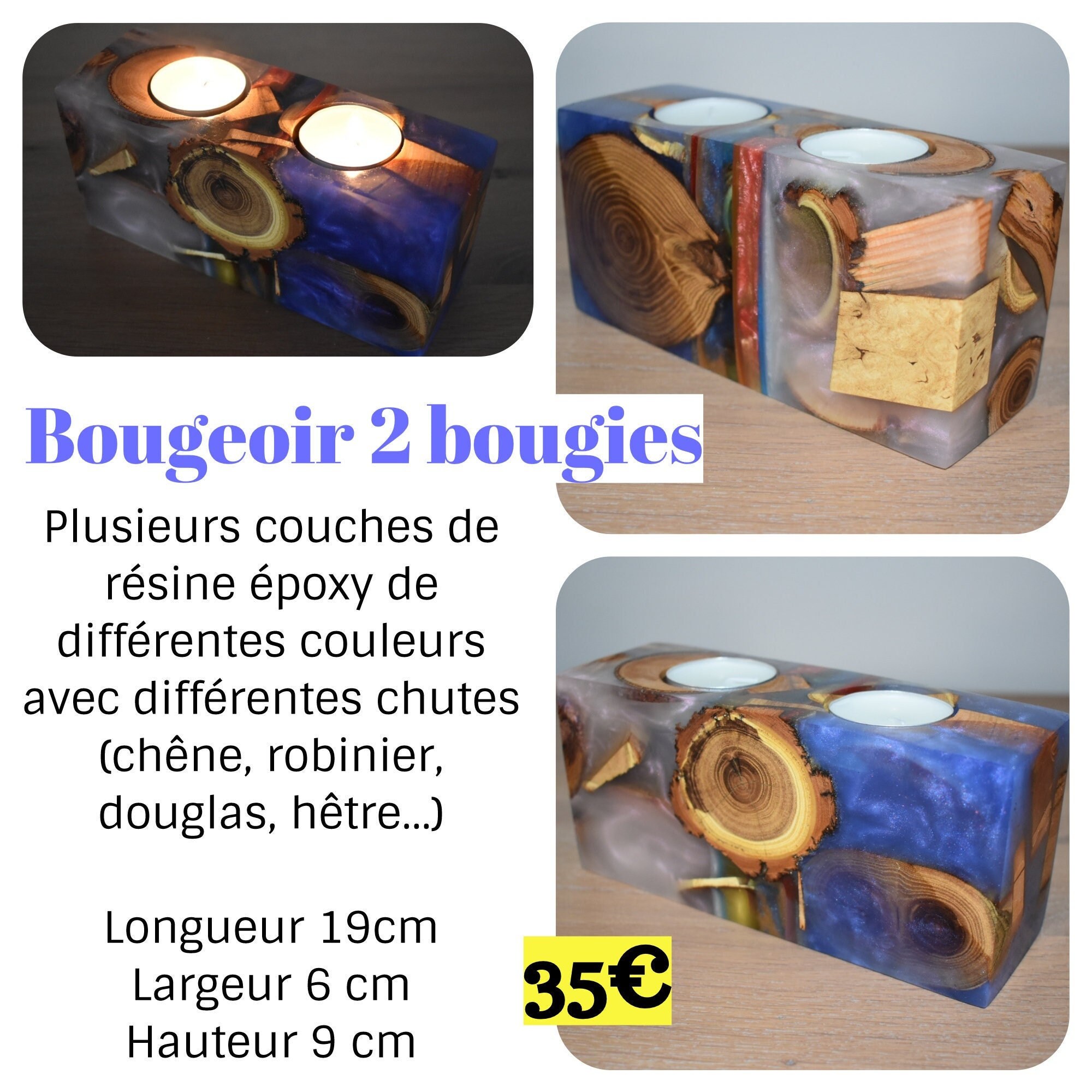 Bougeoir 2 Bougies en Bois et Résine Époxy