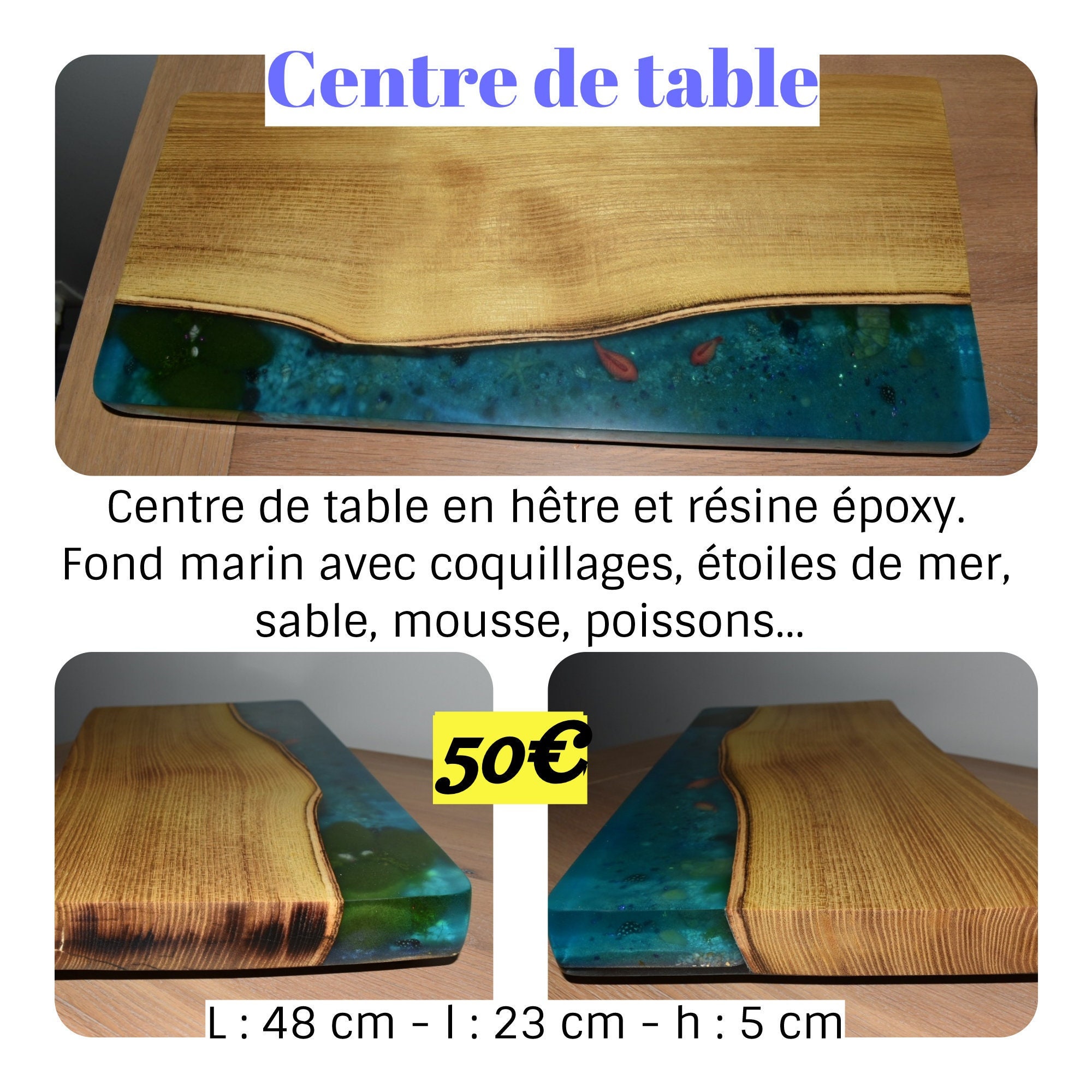 Centre de Table en Bois et Résine Époxy Effet Fond Marin